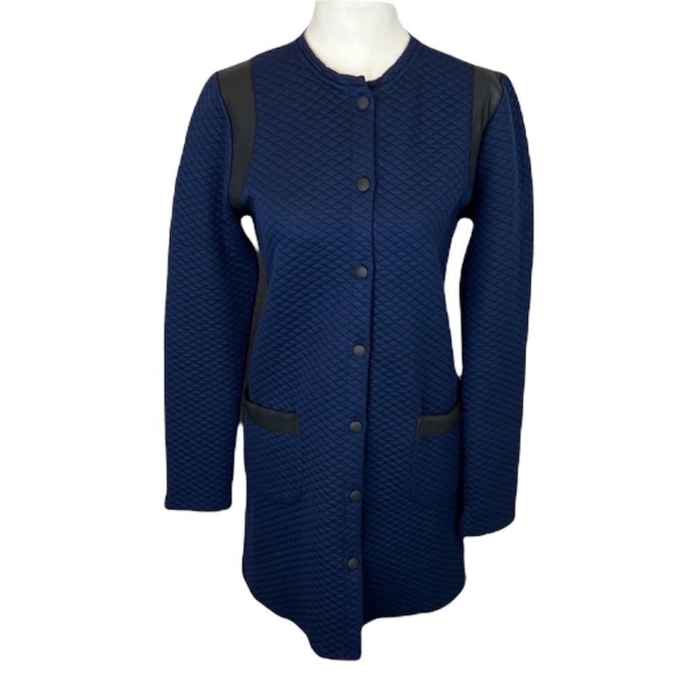Sezane Quilted Long Line Jacket Navy with Black Leather Trim Size Medium